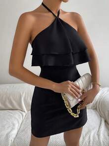 Falda de cadera con cuello colgante para mujer, vestido Sexy a la moda con borde con volantes, mochila expuesta, Verano - Negro - Ver 3