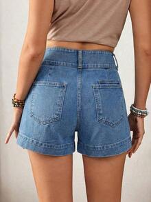 Women's Button Waist Design Pocket Casual Loose Denim Shorts - Café integral - Ver 9