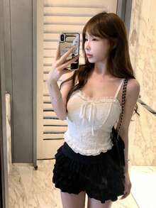 女款黑色蕾絲提花內搭背心，胸部加墊，無肩帶短版內搭衫，休閒白色夏季款 - 白色 - 查看 6