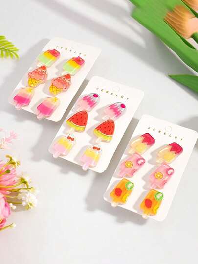 6pcs Cute Fruit Popsicle Stud Earrings Set, Acrylic Watermelon, Kiwi & Cherry Ice Cream Earrings, Fun Summer Jewelry For Women