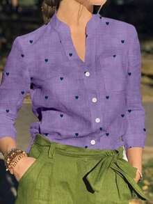 Camisa de mujer de manga larga con botones y bolsillos, con estampado romántico de corazones, adecuada para otoño, invierno y primavera - Morado - Ver 2