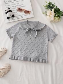 Kleine Mädchen Mode Strick Kurzarm Top, Schleifendesign, Lässiges Strick Kurzarm Top, vielseitig für den Alltag, Sommer - Grau - Übersicht 11
