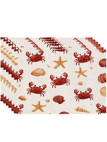 2/4/6pcs Multicolor Fish Shaped Placemats, Red Crab Shell Ocean Theme Placemats In Beige And Green, Coastal Crab, Starfish, Shell Design Lobster Party Holiday Decor Placemats - Beige - View 10