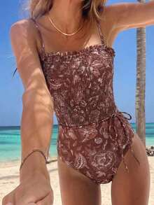 ZMBT Swim Vcay Traje de baño de una pieza con estampado azul y blanco aleatorio sin espalda para mujeres, con tirantes ajustables, versátil para playa, vacaciones y uso casual - Café integral - Ver 12