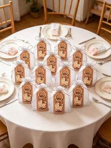 60 piezas/20 sets Regalos para fiesta de baby shower, Suministros para fiesta de revelación de género, Llavero de cochecito de bebé dorado con tarjeta de bolsa de arena y cuerda de yute, Adecuado para baby shower de boda - Multicolor 2 - Ver 5