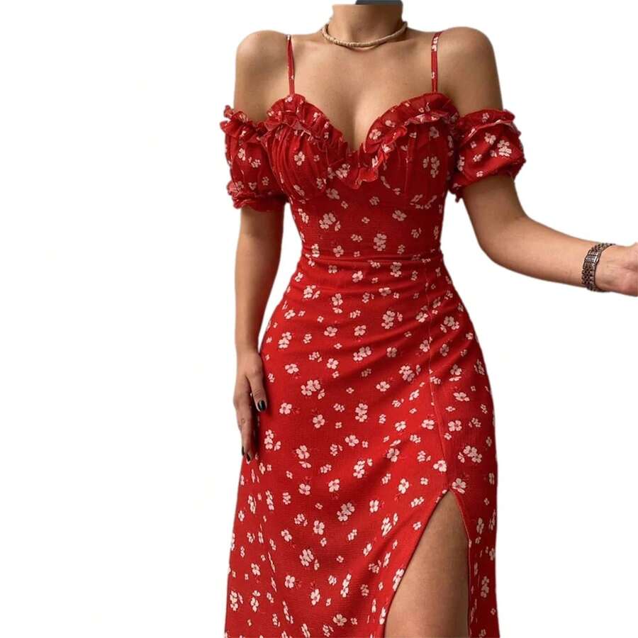 Nuevo vestido Midi ajustado de manga corta con hombros descubiertos y estampado Floral informal elegante de verano para mujer para fiesta y vacaciones en Club - Rojo - Ver 1