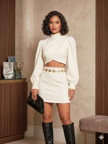Women's Tailored Elegant Set: Cropped Top With Long Puff Sleeves And Short High-Waisted Skirt. Sophisticated Party/Versatile Evening Wear. Sizes: S (38), M (40), L (42) - 米白色 - 查看 1