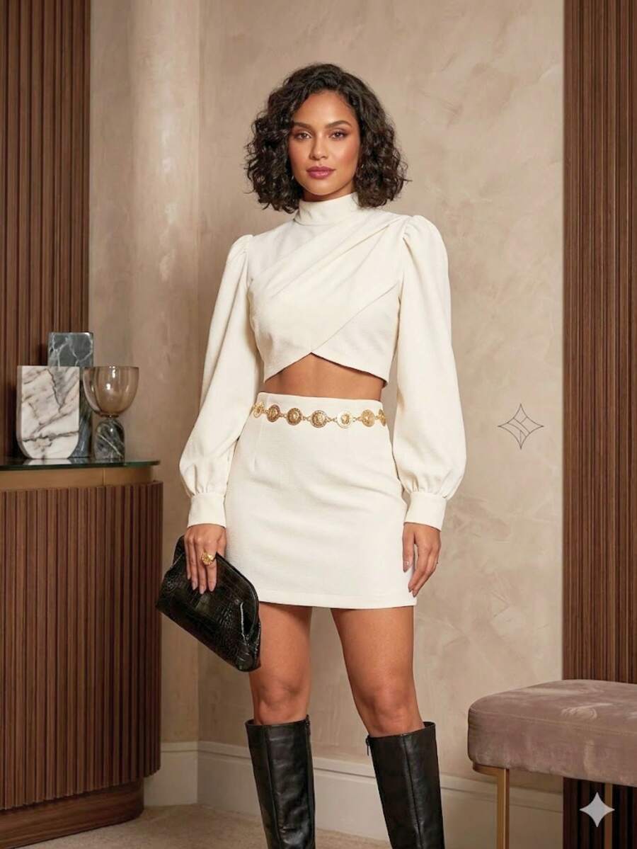 Women's Tailored Elegant Set: Cropped Top With Long Puff Sleeves And Short High-Waisted Skirt. Sophisticated Party/Versatile Evening Wear. Sizes: S (38), M (40), L (42) - 米白色 - 查看 1