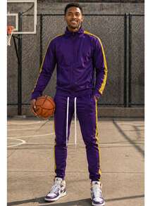 Homme Mens 2 Pc Light Weight Side Stripe Two Piece Co-Ord Track Jacket And Track Pant Set Ankle Zipper - 紫黃色 - 查看 2