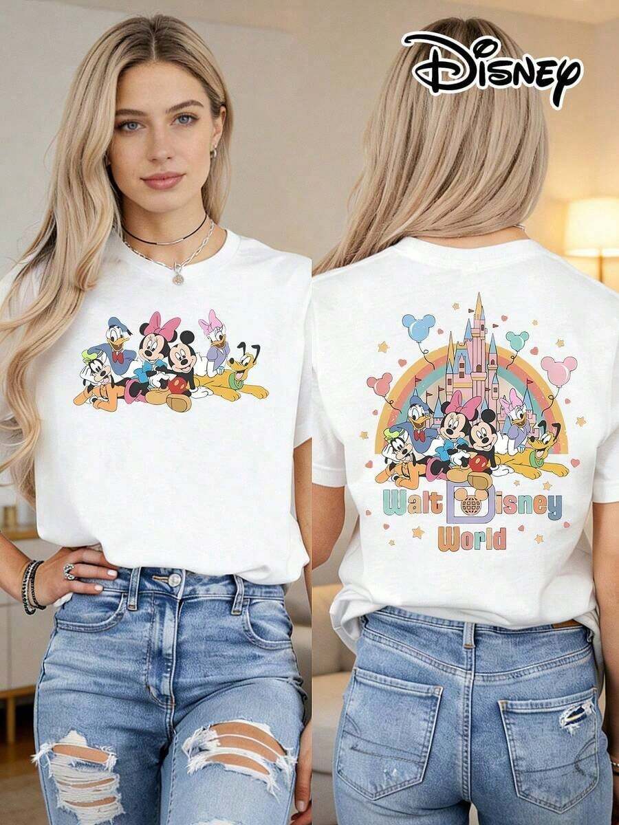 Disney Official Authorization | Women's 100% Cotton Printed Short Sleeve T-Shirt. Features A "Walt Disney World" Themed Print With Mickey Mouse, Minnie Mouse, Donald Duck, Daisy Duck, Goofy, And Pluto. This Loose-Fit T-Shirt Is Suitable For Disney Fans Of All Ages, Making It An Ideal Choice For Vacations, Outings, And Daily Casual Wear.--Disneys Disneyland Paris The Magic Kingdom Disneyesque The House Of Mouse Mickey Mouse Empire Modest Summer Outfits Take That T Shirt Summer Coord Tops For Women Summer Summer Clothes Women Summer Clothes Summer Tops Summer Tops Women Summer Co Ord Summer Top Summer Outfits White Top Black Top Holiday Outfits For Women  Tops For Women Summer Holiday Gifts Valentine's Day Gifts Earth Day Gifts Oktoberfest Gifts Summer Bank Holiday Gifts - trắng - Xem 1