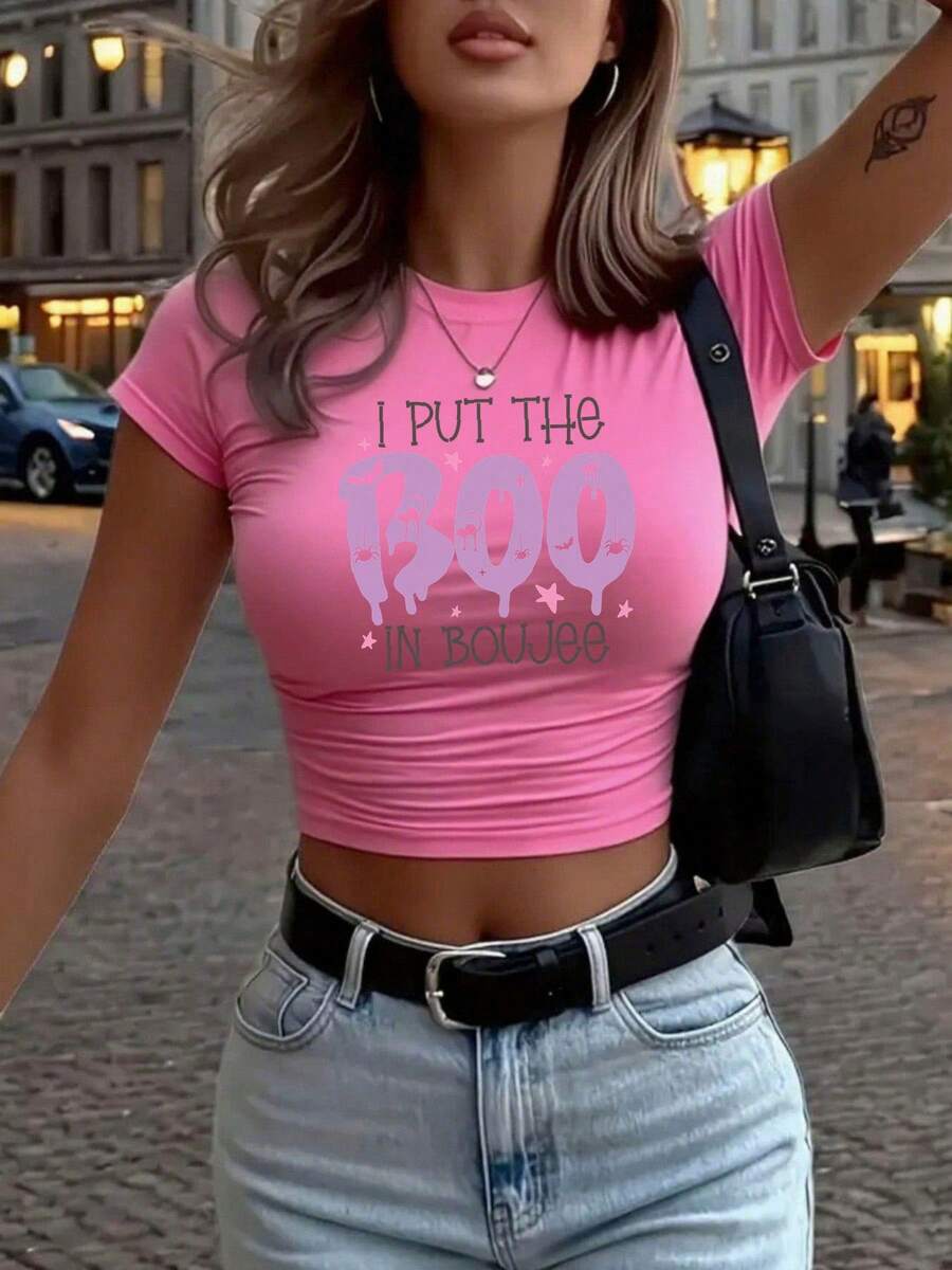[Crop Top] I Put The "BOO" Into The "BOOJEE" Bright Pink Star-Patterned Short T-Shirt. Women's Y2K Style Crop Top, 1 Piece. Pair It With High-Waisted Jeans And Fashion Accessories To Create An Urban Travel Look. 2026 Graphic Tees Women Crop - Hồng - Xem 1