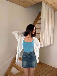 Retro Sexy Washed Denim Mini Skirt, Frayed Hem, Bodycon Fit, Casual & Date Wear, Summer - Blue - View 6