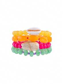 4pcs/Set Bohemian Style Colorful Beaded Elastic Bracelets, Summer Beach Style Resin Bead & Shell Pendant Bracelets, Boho Casual Stackable Bracelets For Women - Multicolor - View 3