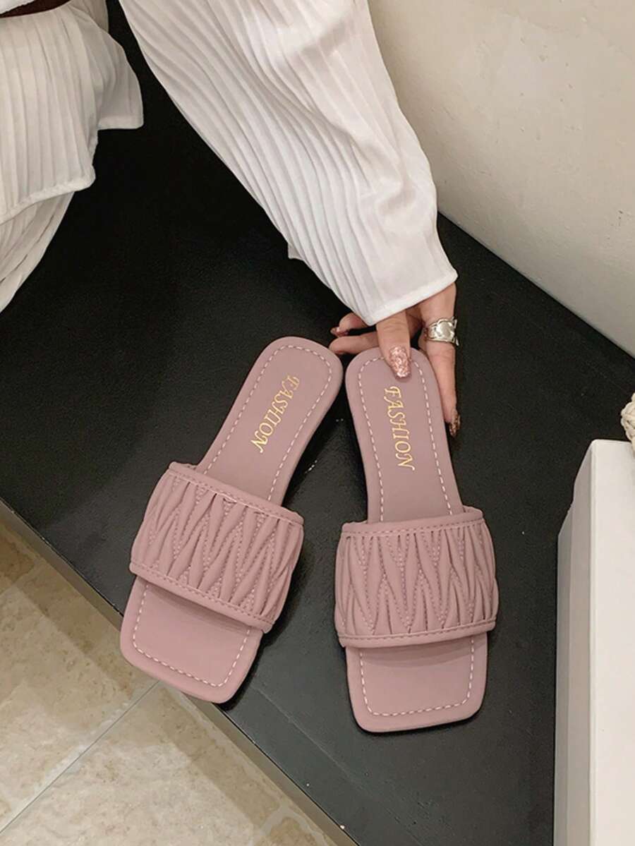 1 Pair Women's Brown, Pink Square Toe Flat Sandals, Casual Elegant Style, Black Color, Comfortable & Fashionable, Suitable For Spring/Summer, Vacation - Pink - View 1