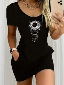 Vestido Corto Sexy para Mujer, Estilo Casual Elegante 2026, con Estampado de Sol y Luna, Color Sólido, Cuello Redondo y Manga Corta - Negro - Ver 4