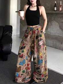 Pantalones anchos de mujer con estampado de dibujos animados, pantalones casuales sueltos de primavera - Gris - Ver 11
