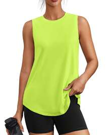 PINSPARK Workout Tops For Women Sleeveless Athletic Tank Tops UPF 50+ Running Tanks With Side Slits Loose Fit Gym Yoga Shirt - Lime Green - View 7
