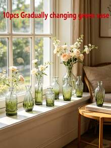1 Set Ombre Green Glass Vase, Fashionable Transparent Glass Vase, Bohemian Glass Vase Set, Flower Vase, Rustic Wedding Mini Vase, Home & Dining Table Decor, Christmas Decor Bottle, Small Vintage Glass Vase, Bulk Clear Bud Vase, Diffuser Bottle, Centerpiece, Cute Clear Bud Vase, For Home Fresh Flower Wedding Decor - Transparent - View 10