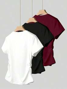 Set de 3 piezas de tops para mujer para exteriores, en color champán, marrón moca y negro, nuevas llegadas de verano, camiseta ajustada con pliegues, de moda y versátil, con estilo callejero fotogénico, imprescindible, de vuelta al colegio, que lla - Multicolor 18 - Ver 2