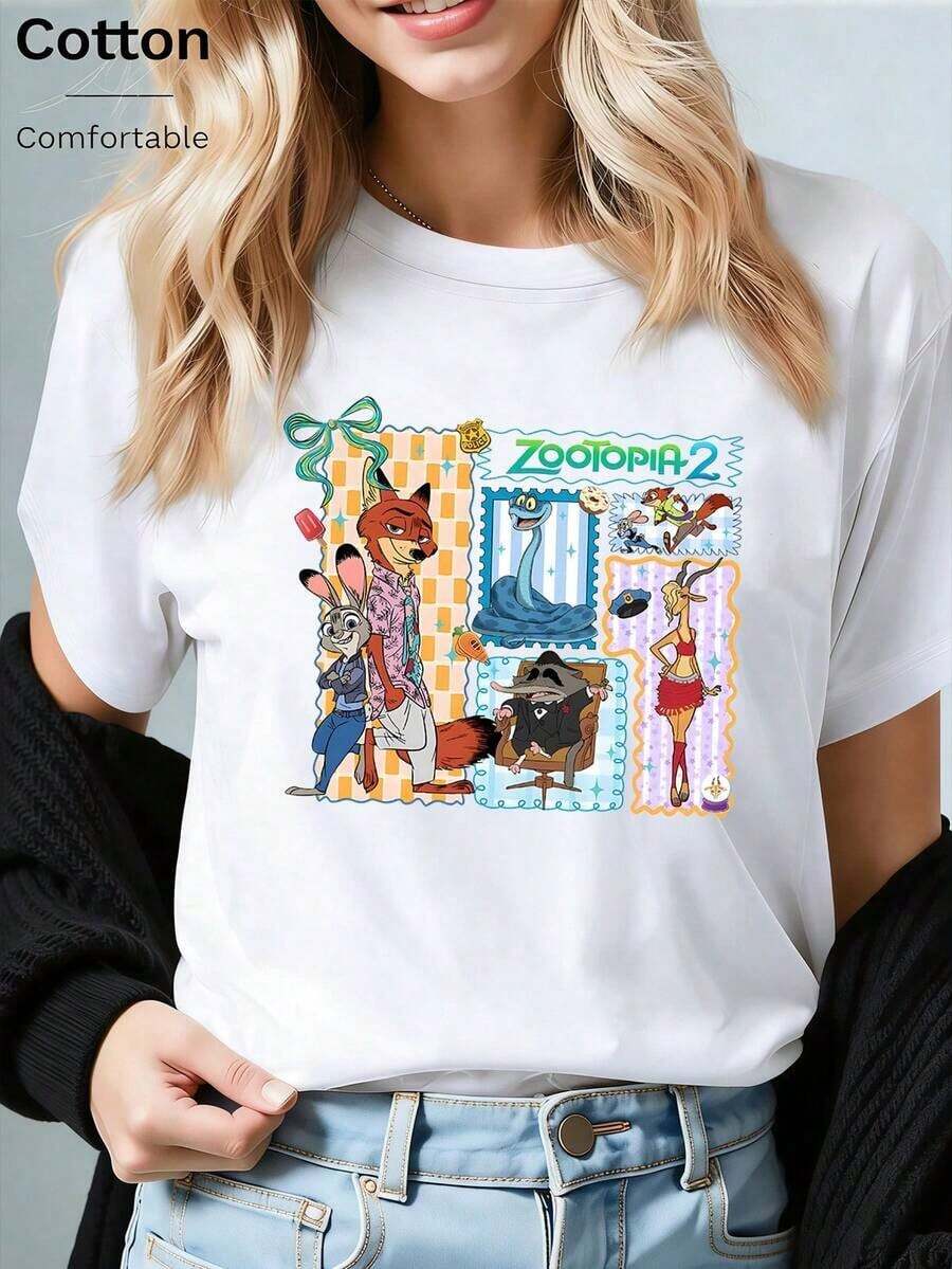 Disney Loose Edition Zootopia 2 Character Stamp Style Printed T-Shirt, Suitable For Summer And Spring, Short Sleeved Tops, Women's Clothing, Holiday Gift Party Costumes.--Disneys Disneyland Paris The Magic Kingdom Disneyesque B6Holiday Gifts Valentine's Day Gifts Earth Day Gifts Oktoberfest Gifts Summer Bank Holiday Gifts - trắng - Xem 1