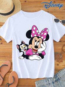 Disney 1pc IP Authorized Minnie Mouse Graphic Print Short Sleeve T-Shirt, Round Neck, Stretchy, Easy Care Material, Suitable For Daily Wear, Fashionable Women's Short Sleeve T-Shirt, Casual Wear - trắng - Xem 1