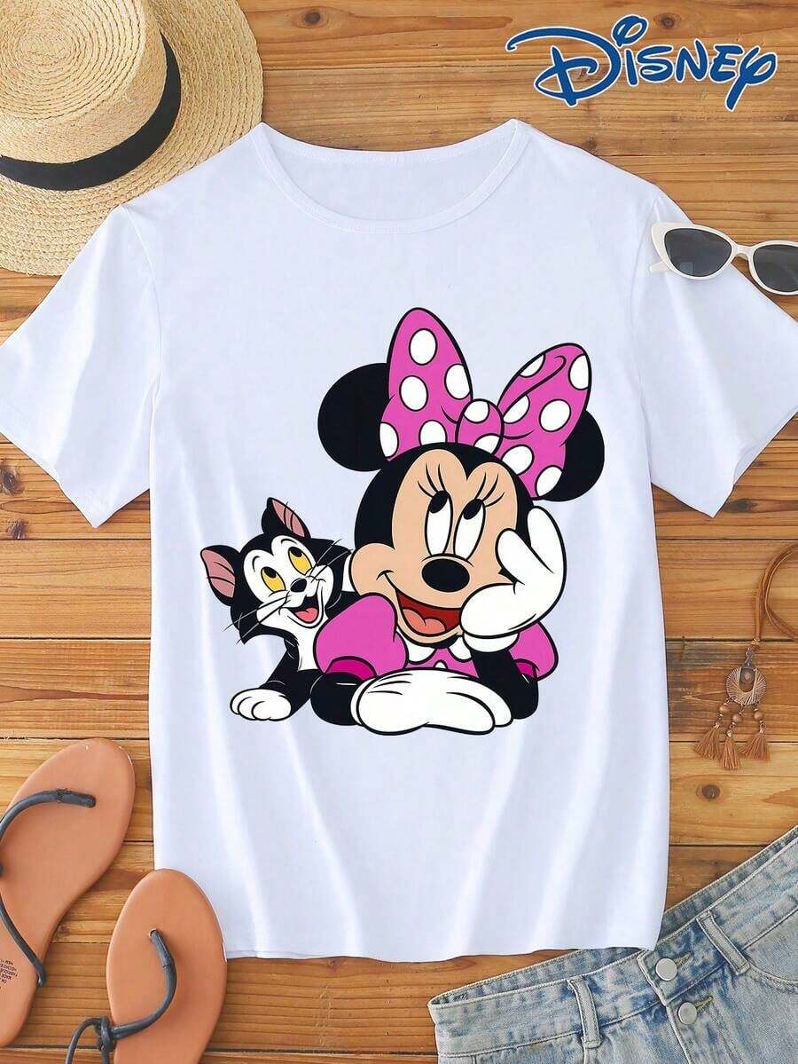 Disney 1pc IP Authorized Minnie Mouse Graphic Print Short Sleeve T-Shirt, Round Neck, Stretchy, Easy Care Material, Suitable For Daily Wear, Fashionable Women's Short Sleeve T-Shirt, Casual Wear - trắng - Xem 1