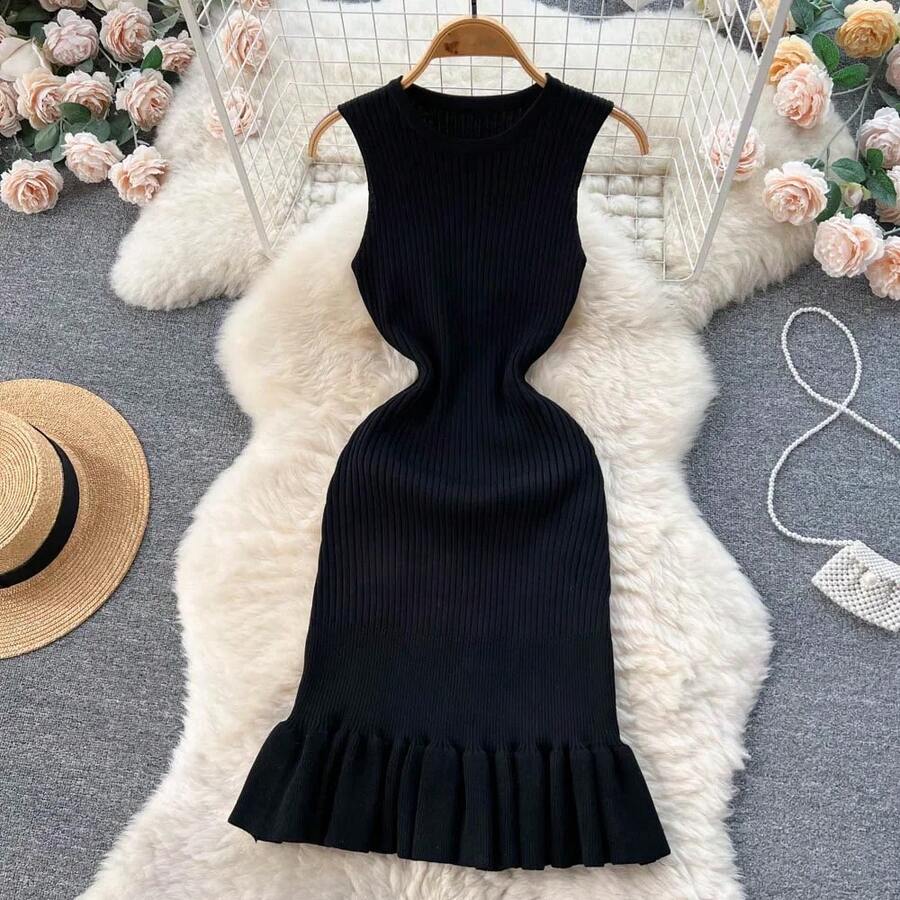 Vestido Sexy ajustado de punto de verano 2026, vestido veraniego de fiesta con volantes sin mangas y cuello redondo, Vestido corto ajustado elástico de calle alta - Negro - Ver 1