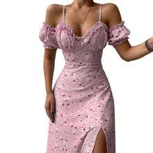 Nuevo vestido Midi ajustado de manga corta con hombros descubiertos y estampado Floral informal elegante de verano para mujer para fiesta y vacaciones en Club - Azul - Ver 2