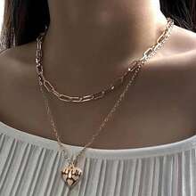 Bộ 2 món gồm dây chuyền hình kẹp giấy hình học và mặt dây chuyền hình trái tim, quà tặng ngày Valentine cho bạn gái. - Vàng - Xem 1