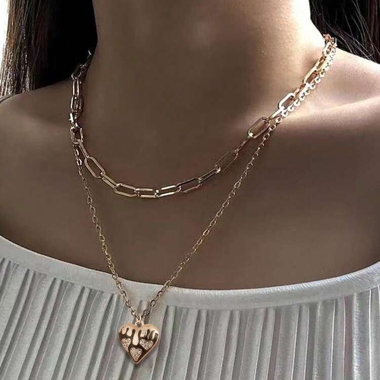 2件套时尚几何回形针项链和心形吊坠项链套装，情人节送给女朋友的礼物 - 金黃色 - 查看 1