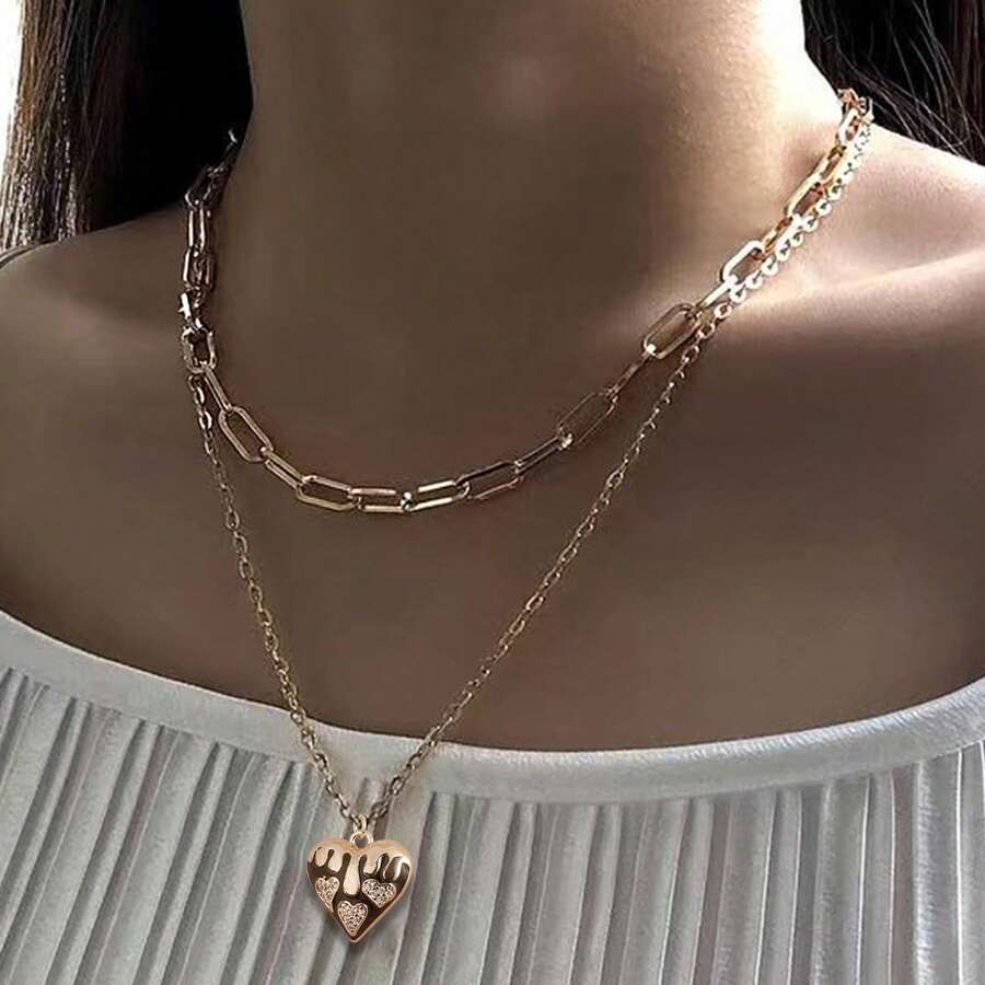 Bộ 2 món gồm dây chuyền hình kẹp giấy hình học và mặt dây chuyền hình trái tim, quà tặng ngày Valentine cho bạn gái. - Vàng - Xem 1