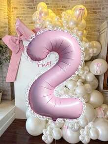 40-Inch Matte Pink Large Aluminum Foil Number Balloons, 0-9 Lace Edged Aluminum Foil Balloons, With Glue Dots, Reusable, Suitable For Birthday Party Decor, Holiday Decor, Hawaiian Party Decor, Room Background Decor, Photo Props, Valentine's Day Decor, Indoor & Outdoor Use, Gender Reveal, Decorations - Pink - View 7