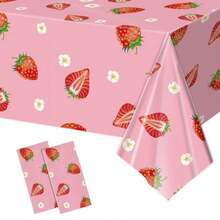 2 Pcs Pink Berry Disposable Plastic Tablecloth Strawberry-Themed Fruit Design For Birthday Party Decorations Tablescape Favors 108 X 54 Inch Waterproof Wrinkle-Resistant - Strawberry - View 1