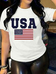 Plus Size Women's Summer US Flag Pattern Round Neck Short Sleeve T-Shirt, Suitable For Daily Wear Casual - White - View 1