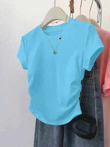 Set de 3 piezas de tops para mujer para exteriores, en color champán, marrón moca y negro, nuevas llegadas de verano, camiseta ajustada con pliegues, de moda y versátil, con estilo callejero fotogénico, imprescindible, de vuelta al colegio, que lla - Multicolor 9 - Ver 4