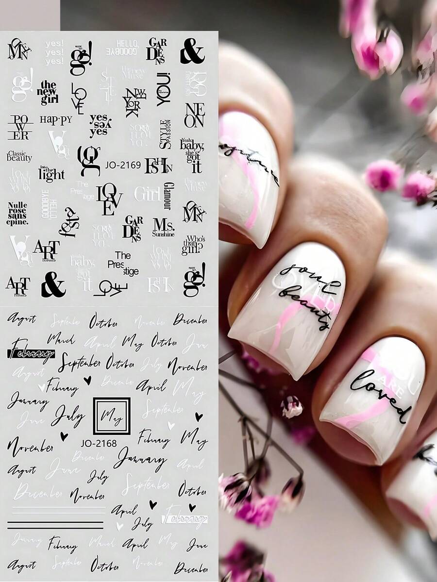 2件組簡約英文字母美甲貼紙 黑白 Love 字母單字 夏季美甲貼花哥德風 Y2K 簡約美甲飾品 婚禮/節日派對美甲裝飾 美甲用品 - 黑與白 - 查看 1