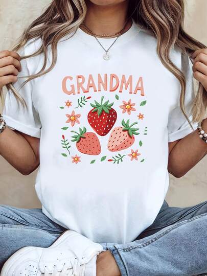 Plus-Size T-Shirt, "GRANDMA" Grandma Strawberry Cartoon Print, White Short-Sleeve Round-Neck Printed T-Shirt, - Machine Washable, Casual Style, Comfortable Fit, Fashionable Design, Versatile For Daily Wear, Soft Fabric,  Style