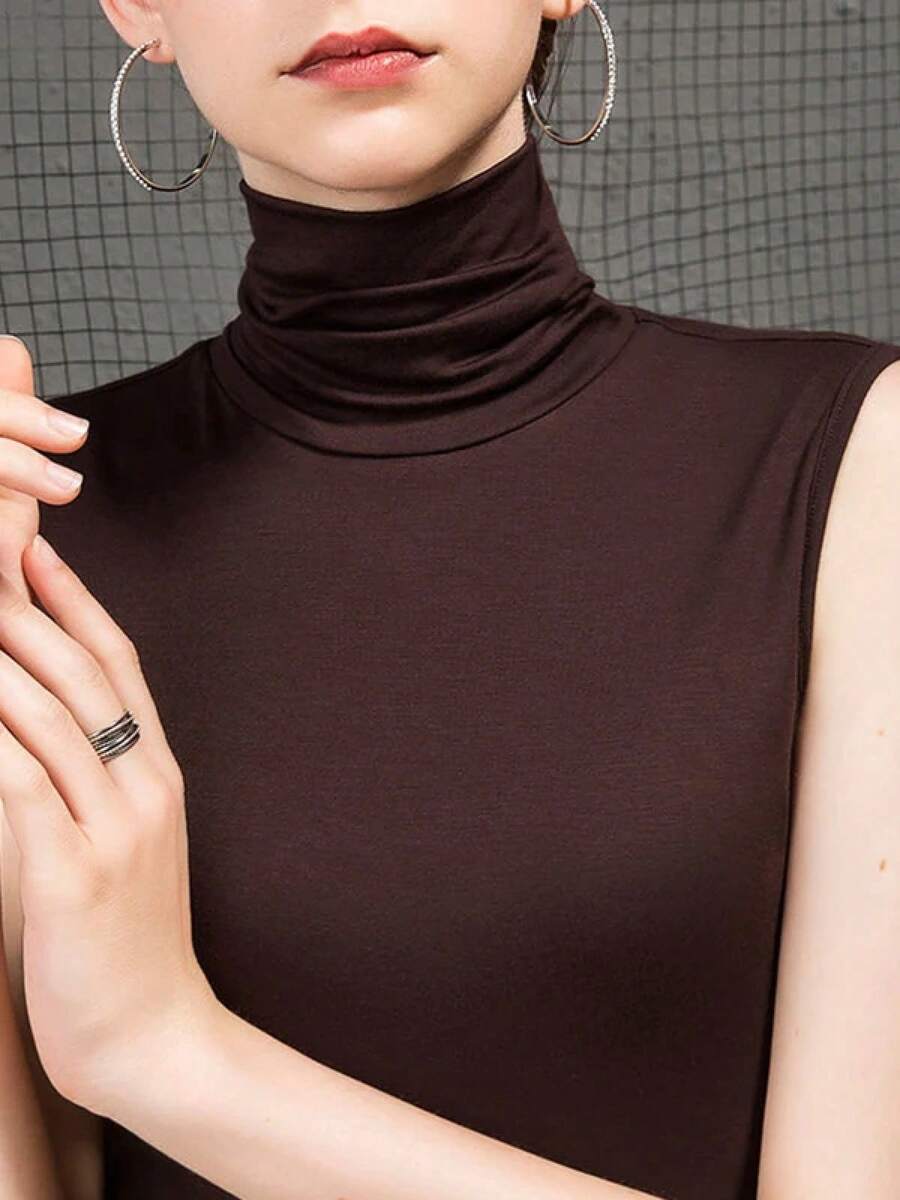 Camisetas sin mangas de cuello alto para mujer, camiseta de fondo elástica de punto Sexy, Top liso para mujer, novedad de verano - Amarillo - Ver 1