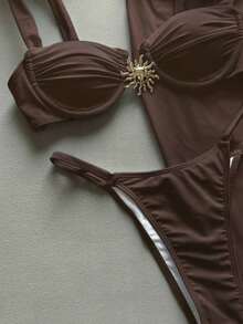 Set de 3 bikinis de estilo europeo sexy para mujer, para vacaciones de verano en la playa, color blanco - Café integral - Ver 9