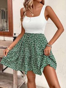 Vestido de vacaciones informal estampado sin mangas con cuello cuadrado elegante y a la moda de verano para mujer - Verde - Ver 3