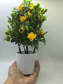 1pc Artificial Potted Flower Plant, Fake Bonsai With White Planter, Faux Greenery Decor For Living Room, Bedroom, Office - Yellow - View 7