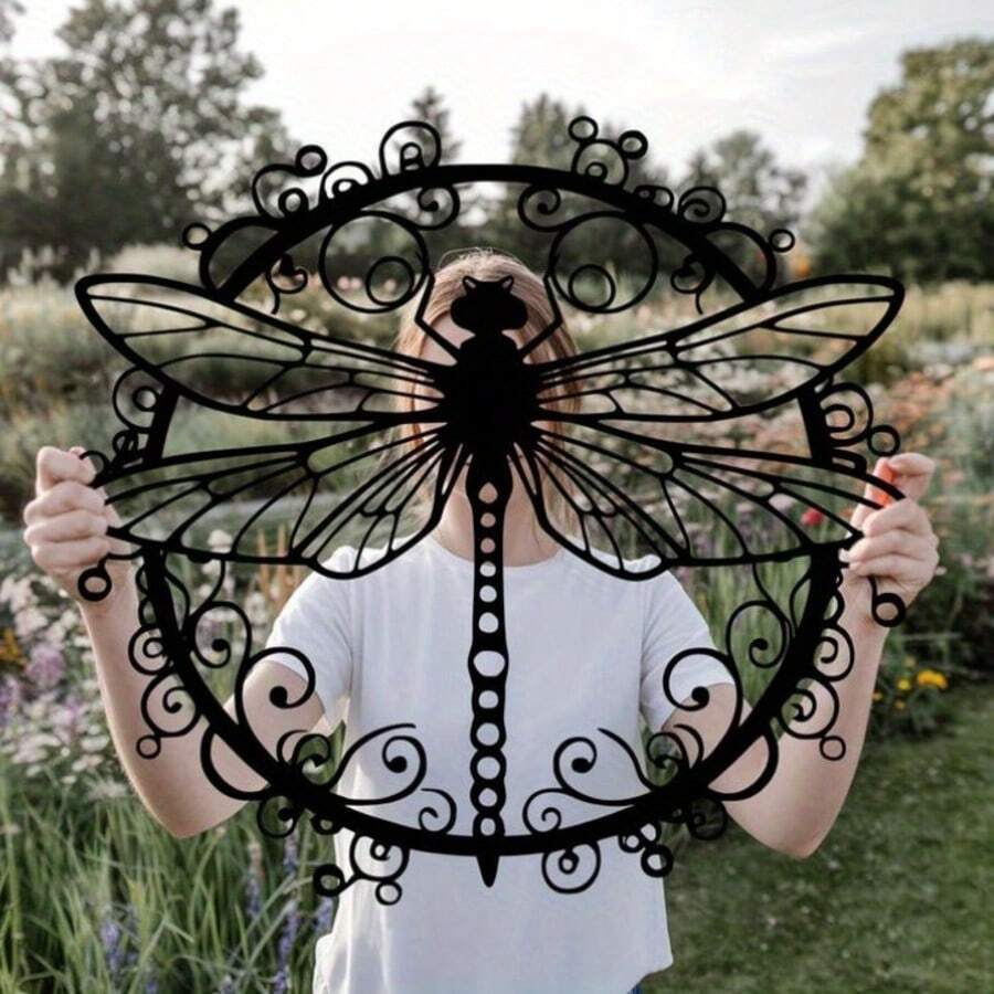 1 pieza Elegante arte de pared de metal con diseño de libélula negra, diseño de estampado de animales de hierro, adecuado para decoración interior/exterior, regalo de boda, regalo de inauguración de la casa, sala de estar, oficina y jardín, decoración de pared duradera para el hogar - A - Ver 1