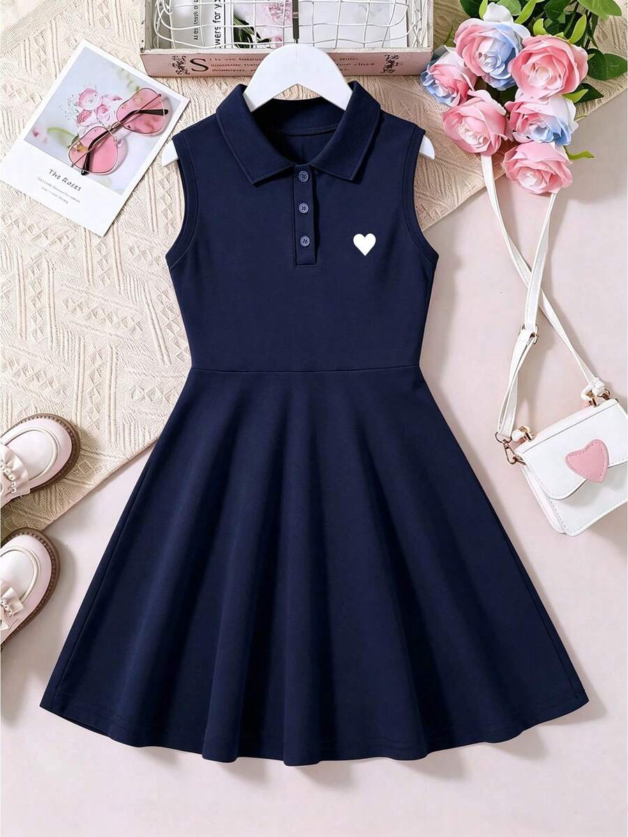 Girls' Solid Color Polo Collar Sleeveless Casual Dress - Navy Blue - View 1