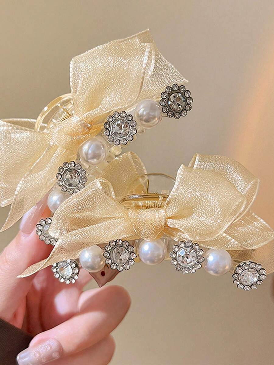 1pc Versatile Pearl Bow Hair Claw Clip, Cute Princess Style, Elegant PC (Polycarbonate) Hair Accessory, Suitable For All Seasons - Multicolor - View 1