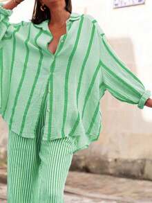 1 pieza de camisa de manga larga para mujer, casual, refrescante, cómoda, holgada, a rayas, con botones, adecuada para primavera/verano/otoño, para ir al trabajo, uso diario, viajes, cafeterías, fiestas al aire libre, regreso a la escuela, vacaciones. - Verde - Ver 6