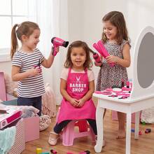 17PCS Children's Hair Salon Pretend Play Tool Toy Set, Wig Styling Set, With Hair Dryer, Barber Apron, Montessori Fine Motor Skill Training Toy, Hairstylist Accessories, Pink Barber Shop Role Play Set, Gift For Girls - Multicolor - View 3