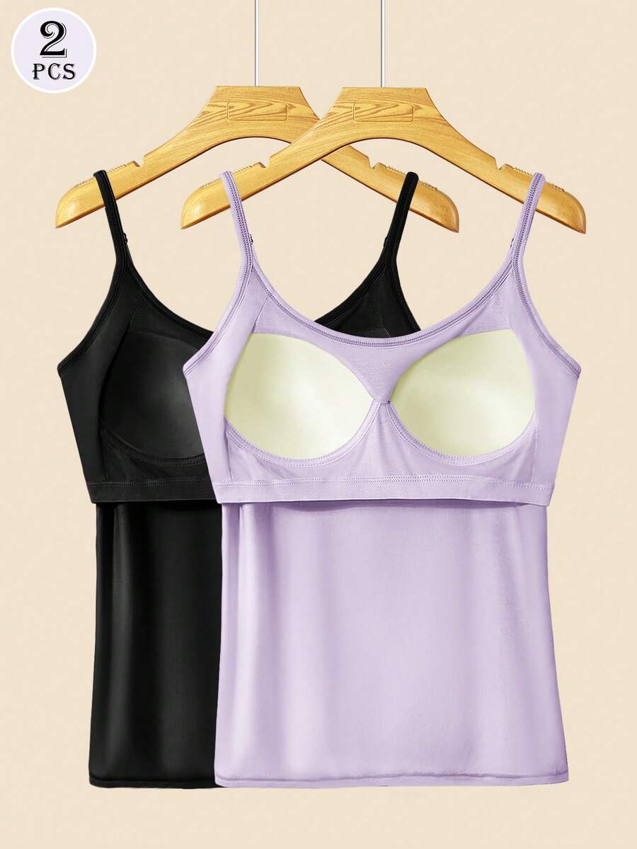 2pcs Fitted Women Camisole Tops With Built-In Padded Bra, Adjustable Strap Sleeveless Vest Tops, Versatile For All Seasons - Multicolor - View 1