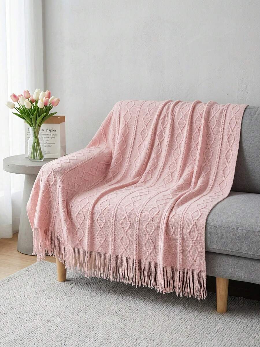 1pc Wavy Pattern Blanket, Nordic Style Acrylic Rectangular Tassel Solid Color Sofa Cover Blanket, Bedding Decor Throw Rug, Nap Blanket, Knitted Blanket - Vertical Diamond-shaped Powder - View 1