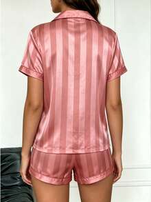 2pcs/Set Women's Spring/Summer Satin Striped Pajama Set, Short Sleeve Top And Bow Shorts - Red - View 2