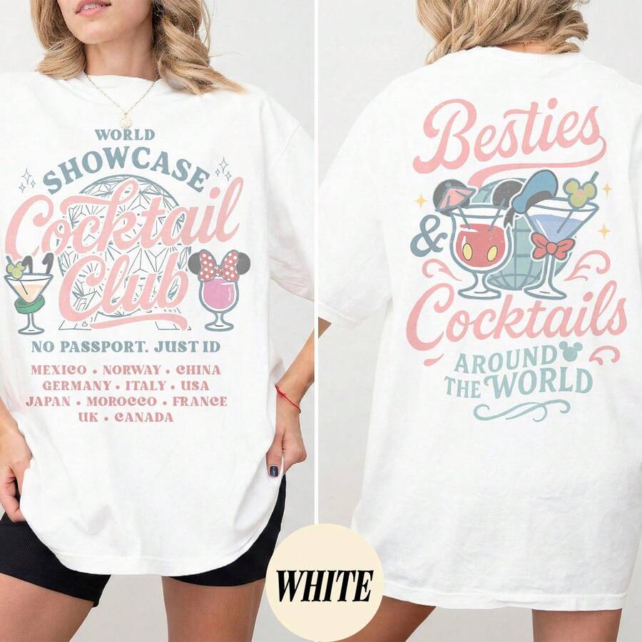 Disney Women's Two-Sided "World Showcase Cocktail Club" Shirt, Epcot Drink Tour Tee, "Besties & Cocktails Around The World" Casual Cotton T-Shirt, Disney Family Matching Trip 2026 Top - 白色 - 查看 1